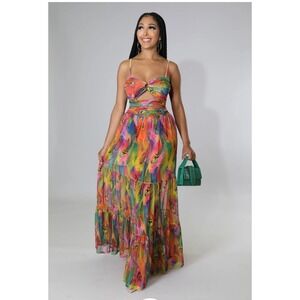 Loragal Women's Multicolor Floral Tiered Sleeveless Cut-outs Maxi Dress Size M